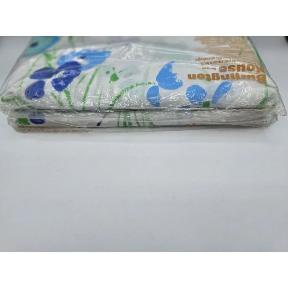 2 Set Vtg NIP Burlington Floral Twin Flat Sheet & Fitted - Blue & Green‎ 1970s